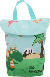 Lichtgroene luiertas met vrolijke dinoprint Lichtgroene tas met flap, handvatten en cartoon dinosaurus, palmboom en vulkaanprint