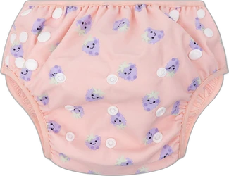 Wasbare zwemluier in zacht beige roze met paarse fruitprint en witte drukknopen