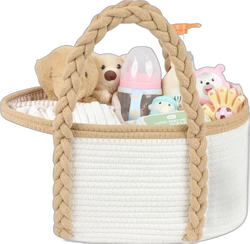 Katoenen touw luiercaddy met gevlochten hengsels - Wit/beige