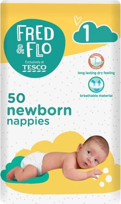 Verpakking Fred & Flo newborn luiers maat 1 met 50 stuks, babyillustratie en geel met turquoise ontwerp