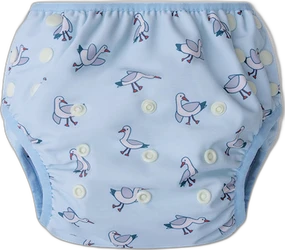 Lichtblauwe wasbare zwemluier met kleine meeuwenprint, witte drukknopen en elastische randen