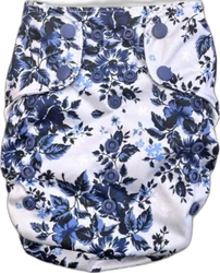 Witte wasbare AIO stoffen luier met blauwe en zwarte bloemenprint en blauwe drukknoopjes