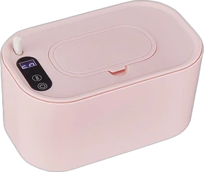 Roze babydoekjeswarmer met deksel, digitaal display, knoppen en een uitstekend doekje.