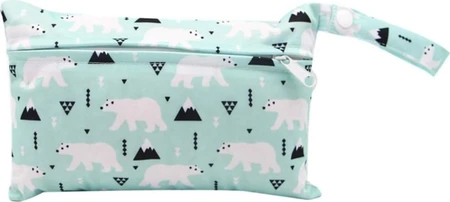 Mintgroene mini wetbag met witte ijsberen, zwarte bergen, rits en polsband met drukknoop.
