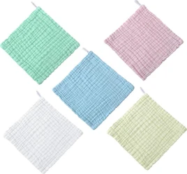 Set van vijf vierkante katoenen wasdoekjes in mint, roze, blauw, wit en lichtgeel met wafelstructuur