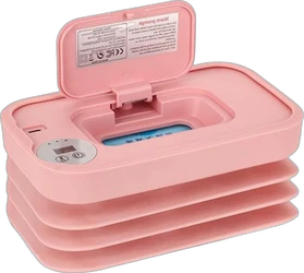Roze babydoekjeswarmer met open klep, controlepaneel en zichtbaar doekjesvak op zwarte achtergrond