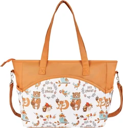 Oranje witte tote luiertas met vrolijke bosdierenprint Oranje witte tote luiertas met bosdierenprint, lange handvatten en afneembare schouderband