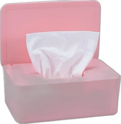 Roze babydoekjesdispenser met open deksel en een wit doekje dat uit de opening steekt