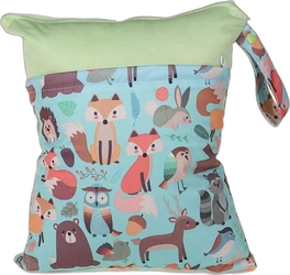 Mintkleurige wetbag met bosdierenprint, lichte bovenrand en lus aan de zijkant
