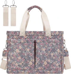 Grijze luiertas tote met roze en beige bloemenprint, lichte hengsels, schouderband en twee kinderwagenhaken