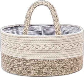 Beige katoenen touw luiermand met gevlochten hengsels, vlechtdecoratie en gestreepte binnenvoering