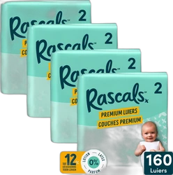 Vier turquoise pakken Rascals Premium Luiers maat 2 met 160 luiers en 12 uur lekbescherming.