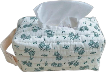 Witte gewatteerde doekjestas met blauw bloemmotief, zijhengsel en doekje uit de opening.