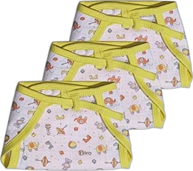 Drie witte katoenen neteldoek luiers met gele rand en kleine dierenprint