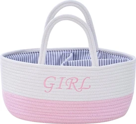 Katoenen luiermand in roze en wit met hengsels, drie vakken en roze Girl borduursel