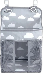 Hangende grijze luierorganizer met witte wolkenprint, verstelbare banden en mesh zijvakken