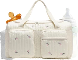 Gewatteerde luiertas met bloemenborduursel 33x25x12 cm - Crème