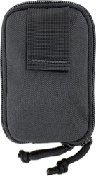 Zwarte stoffen opvouwbare pouch met rits, klittenbandvlak en twee trekkoorden aan de onderzijde.