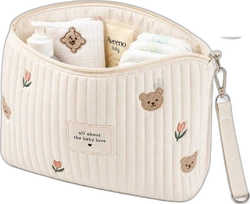 Gewatteerde luiertas-pouch met beertjes - Crème