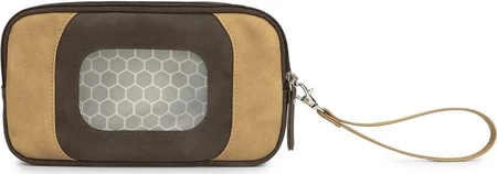 Bruine en cognackleurige PU-leren pouch voor babydoekjes met rits, kijkvenster en polsband