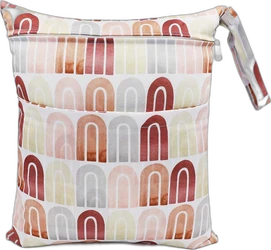 Grote wetbag met rits, polsband en bogenprint in terracotta, blush, beige en grijs
