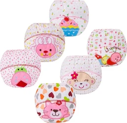 Zes witte en roze oefenbroekjes met vrolijke prints van dieren, hartjes en een cupcake