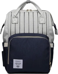 Grijs met navy luierrugzak met verticale strepen, voorvak, handgrepen en goudkleurige ritsen