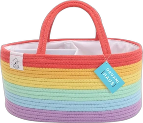 Katoenen touw luiercaddy met pastel regenboogstrepen, rood handvat, wit interieur en label