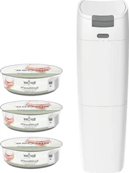 Witte luieremmer met drie navulcassettes Witte luieremmer met grijze klep naast drie ronde navulcassettes voor luiers