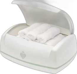 Witte babydoekjeswarmer met mint accent en open deksel Witte babydoekjeswarmer met mint rand, hartje op de voorkant en opgerolde doekjes onder open deksel