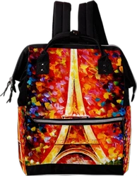 Kleurrijke luiertas rugzak met Eiffeltoren print Luiertas rugzak met kleurrijke olieverfprint van de Eiffeltoren, zwarte hengsels en zilverkleurige ritsen.
