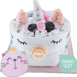 Roze luiertaart met eenhoornhoorn, kattenkaart, witte doek met gezichtje en speen op roze basis