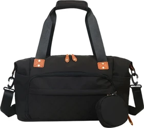 Zwarte nylon luiertas met handgrepen, schouderband, bruin accent en rond etui aan de voorkant