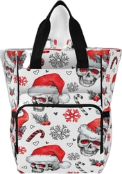 Witte luiertas rugzak met kerstschedels, kerstmutsen, sneeuwvlokken en zwarte draagbanden