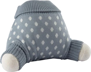 Lichtgrijze gebreide wollen overbroek met witte stippen, ribboord en aansluitende pijpboorden.