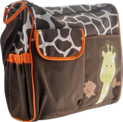 Bruin-oranje luiertas met giraffeprint, cartoon giraffe, voorvak, zijvak en schouderband.