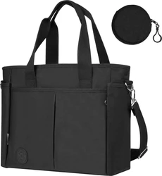 Zwarte multifunctionele luiertas tote met speenhouder Zwarte tote luiertas met handgrepen, schouderriem, voorvakken en ronde speenhouder met clip.