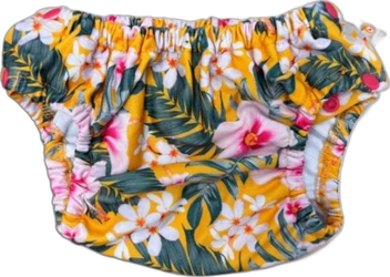Herbruikbare zwemluier met gele tropische bloemenprint Gele herbruikbare zwemluier met witte bloemen, groene bladeren, elastische randen en roze drukknoopjes
