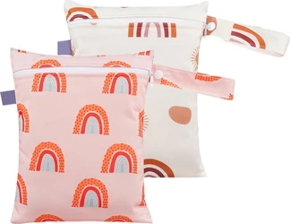 Twee wetbags met rits, polsbandjes en roze regenbogenprint in roze en crème.