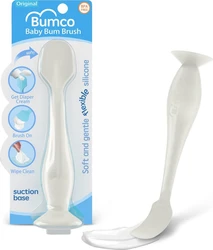 Bumco Baby Bum Brush wit met verpakking Witte Bumco Baby Bum Brush van silicone met zuignapvoet naast blauwe productverpakking
