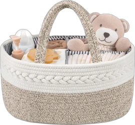 Katoenen touw luiertafel organizer in bruin en wit met vakken, handgrepen, babyflesjes en teddybeer