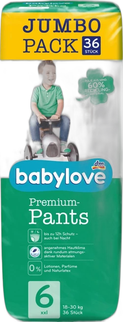 Verpakking Babylove Premium Pants luierbroekjes maat 6 met 36 stuks en afbeelding van kind op loopauto