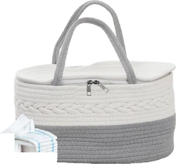 Katoenen touw luiermand met ritsdeksel 37x26 cm - Wit/grijs