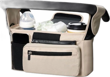 Beige kinderwagen-organizer met bekerhouders en ritsvak Beige organizer aan kinderwagenstang met babyfles, koffiebeker, telefoonvak en ritsvak voorop