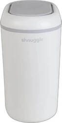 Witte Shnuggle luieremmer met afgeronde vorm, grijze rand en deksel tegen zwarte achtergrond.