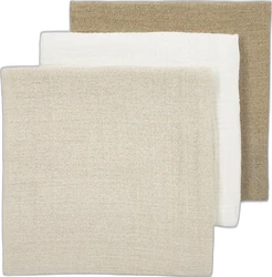 Meyco hydrofiele luiers in neutrale natuurtinten Drie hydrofiele luiers gestapeld in offwhite, soft sand en taupe met zichtbare geweven textuur