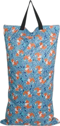 Blauwe wetbag met vossenprint en zwarte hengsels Blauwe wetbag met oranje vossenprint, bladerenpatroon en zwarte draaghengsels op zwarte achtergrond