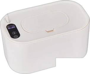 Witte babydoekjeswarmer met display en bedieningsknoppen Witte babydoekjeswarmer met afgeronde hoeken, bovenklep, display en zwarte bedieningsknoppen.