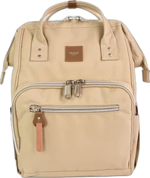 Beige Himawari Keeper luierrugzak met handvatten, voorvak en zilverkleurige ritsen op zwarte achtergrond.