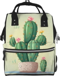 Luiertas rugzak met vrolijke cactusprint Lichtgroene luiertas rugzak met zwarte handvatten en cactusillustraties met bloemen